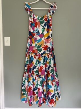 Willa Story Vibrant Colorful Floral Abstract 100% Cotton Tiered Maxi Dress